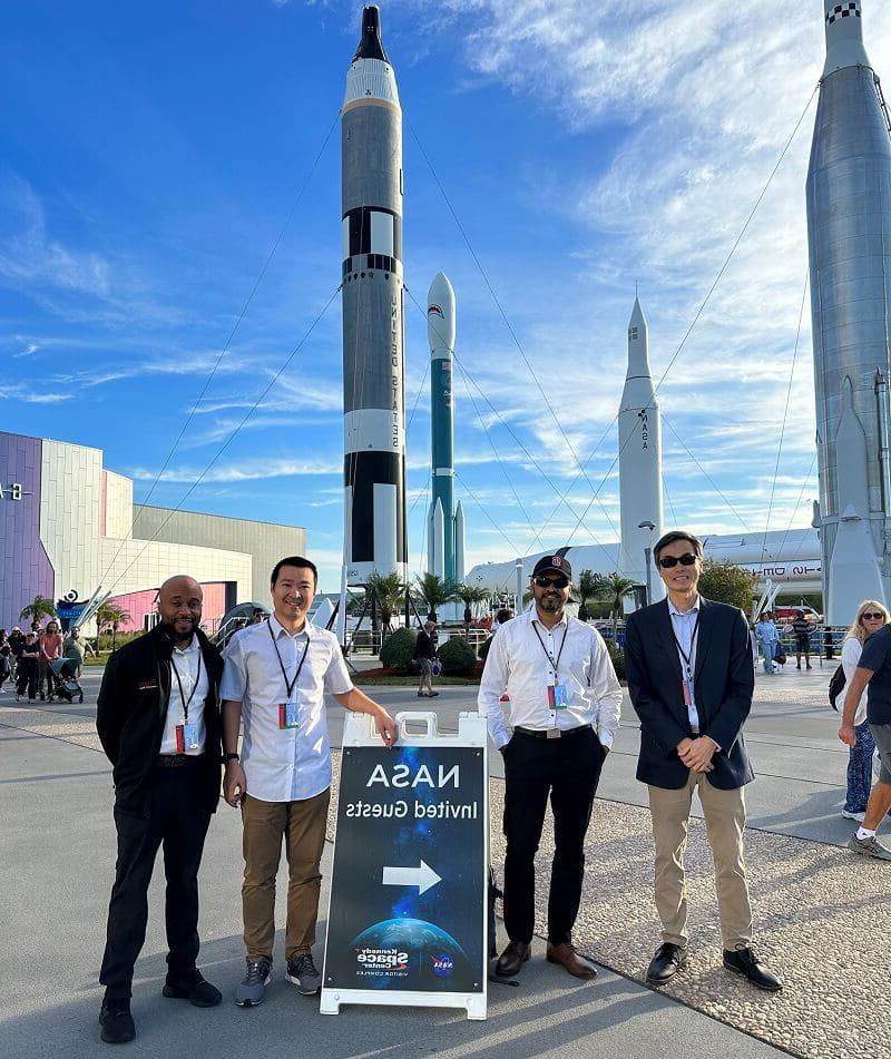 Dr. Joseph Wu (left) and three of his postdoctoral fellows (left to right: Drs. Dilip Thomas, Xu Cao and McKay Mullen) at the launch of a SpaceX rocket that carried iPSC-derived cardiac organoids from his lab. (Photo courtesy of Dr. Joseph Wu)