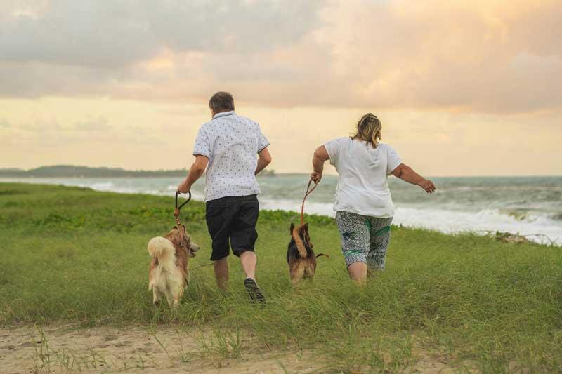 couple walking dogs by beach